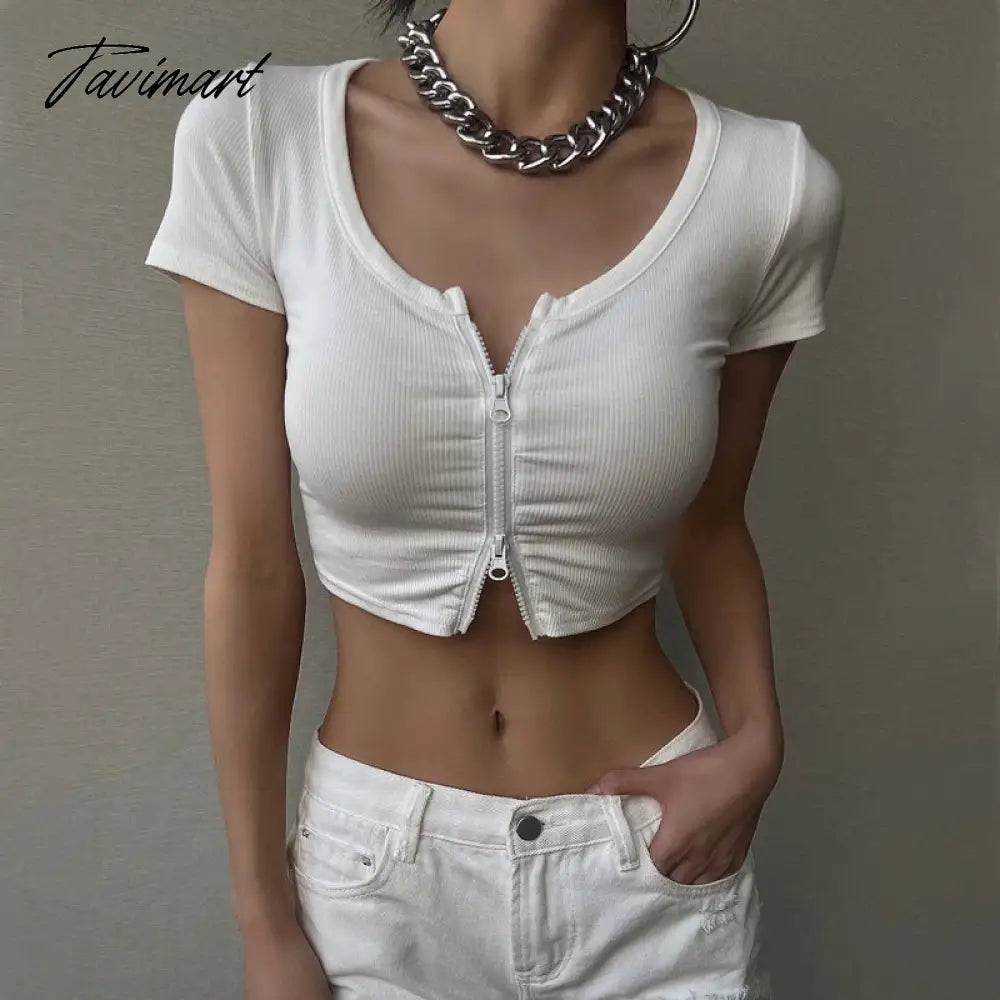 Women Zip Through Ruched Crop T-Shirt