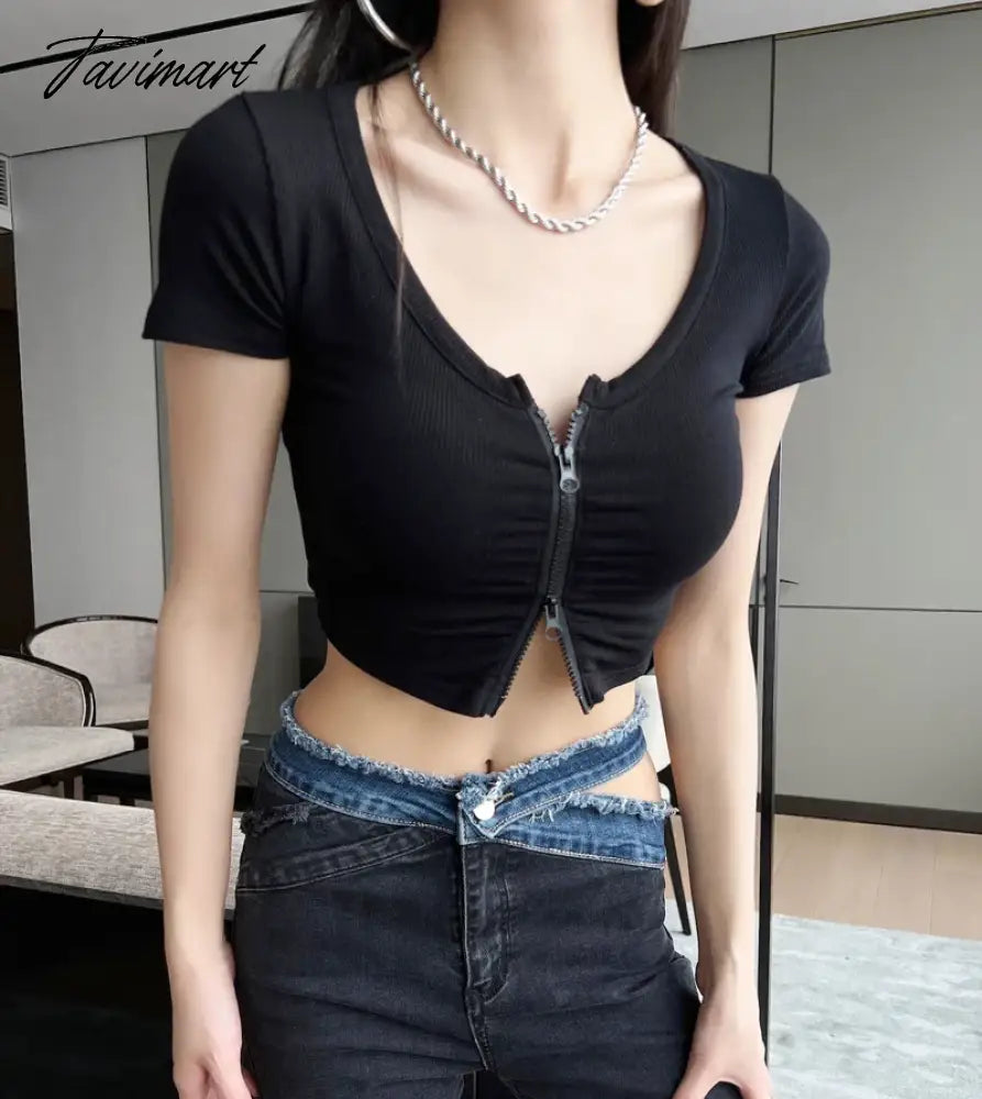 Women Zip Through Ruched Crop T-Shirt