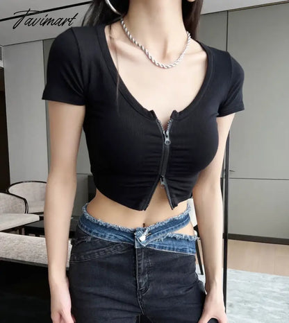 Women Zip Through Ruched Crop T-Shirt
