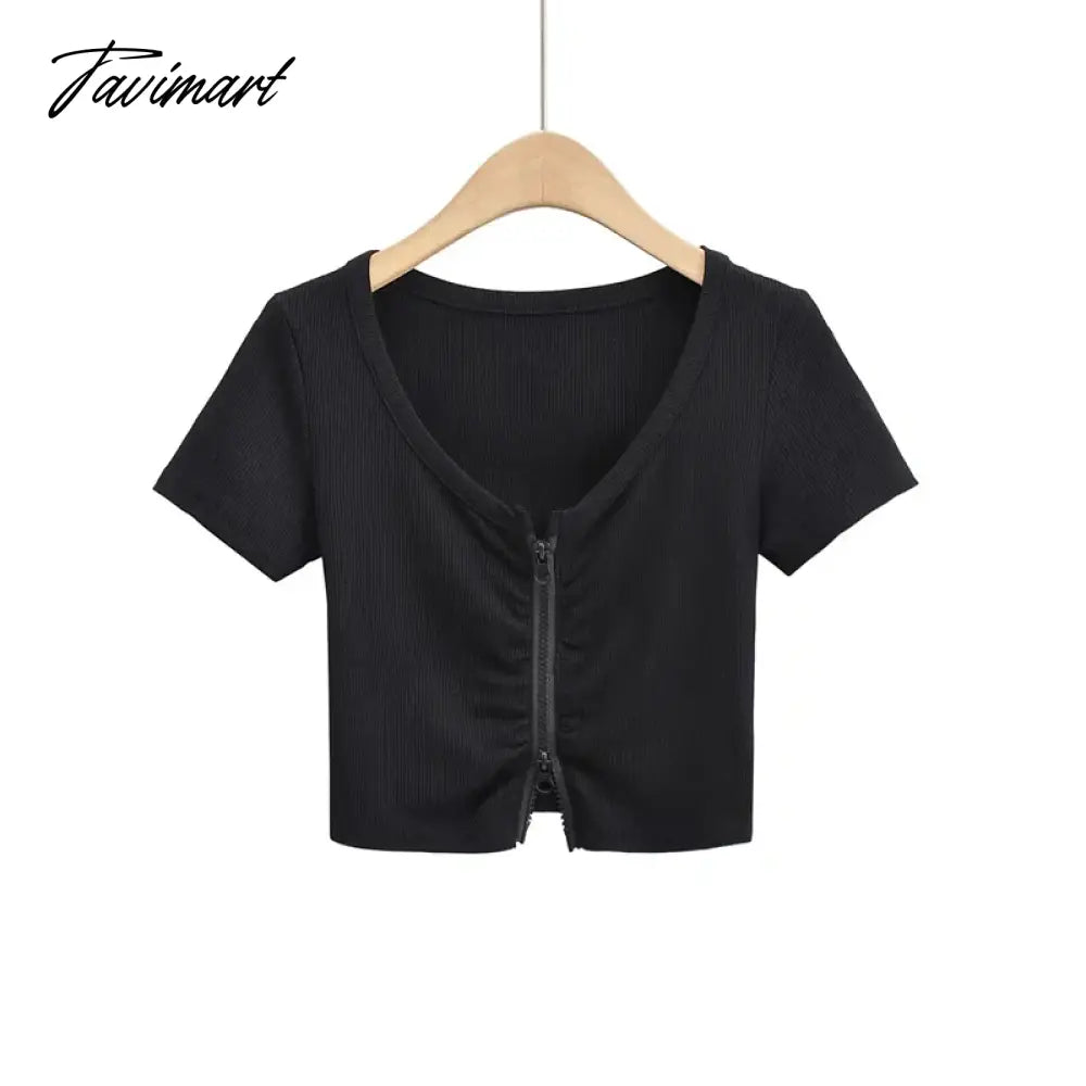 Women Zip Through Ruched Crop T-Shirt