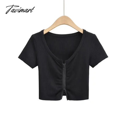 Women Zip Through Ruched Crop T-Shirt
