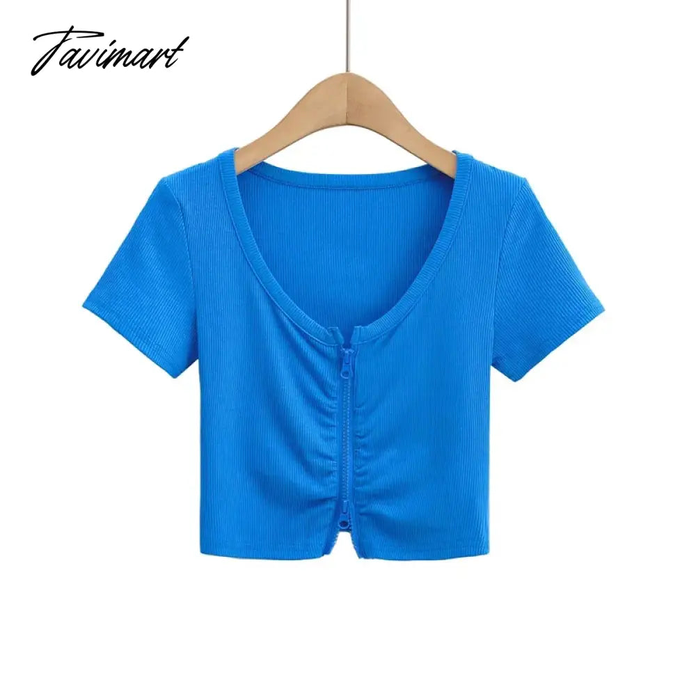 Women Zip Through Ruched Crop T-Shirt