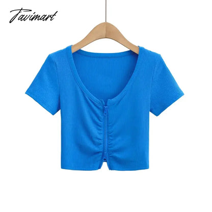 Women Zip Through Ruched Crop T-Shirt