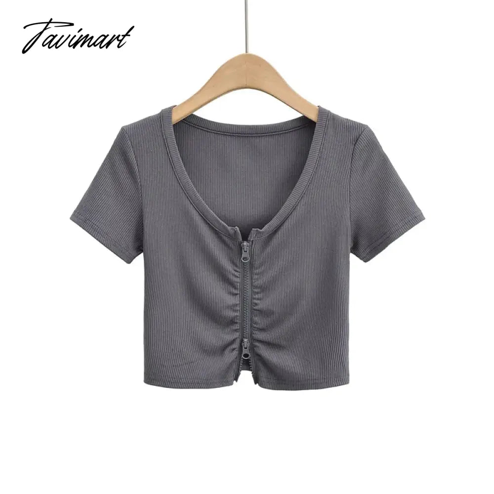 Women Zip Through Ruched Crop T-Shirt