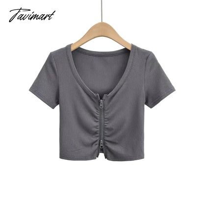 Women Zip Through Ruched Crop T-Shirt