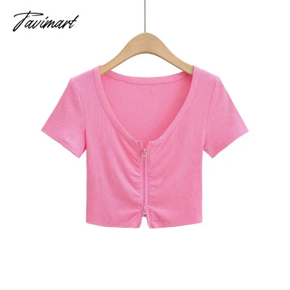 Women Zip Through Ruched Crop T-Shirt