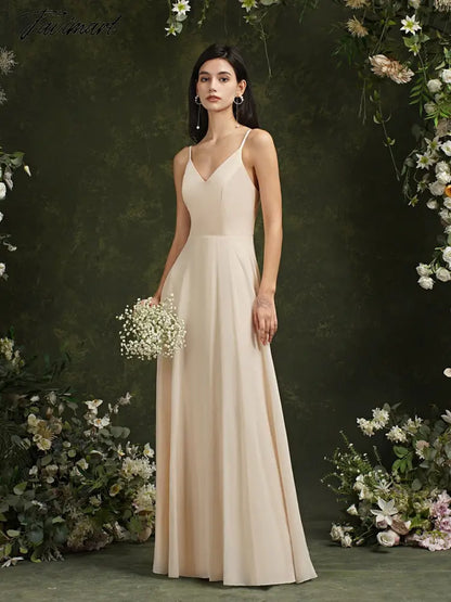 Womens Bridesmaid Dress Long Summer V Neck Backless A Line Sleeveless Wedding Party Gown Dusty Rose Spaghetti Strap Robe Mariage