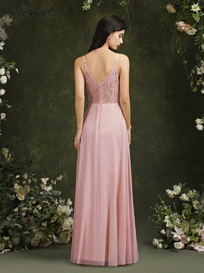 Womens Bridesmaid Dress Long Summer V Neck Backless A Line Sleeveless Wedding Party Gown Dusty Rose Spaghetti Strap Robe Mariage