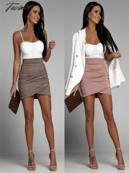 Womens Faux Suede Skirt Official Ladies A-Line Mini Pencil Skirt For Women High Waist Classic Wrap Front Slit Skirts