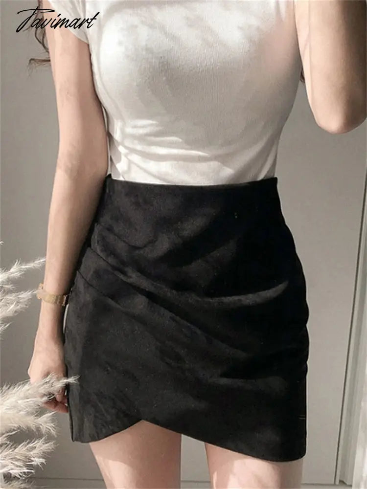 Womens Faux Suede Skirt Official Ladies A-Line Mini Pencil Skirt For Women High Waist Classic Wrap Front Slit Skirts