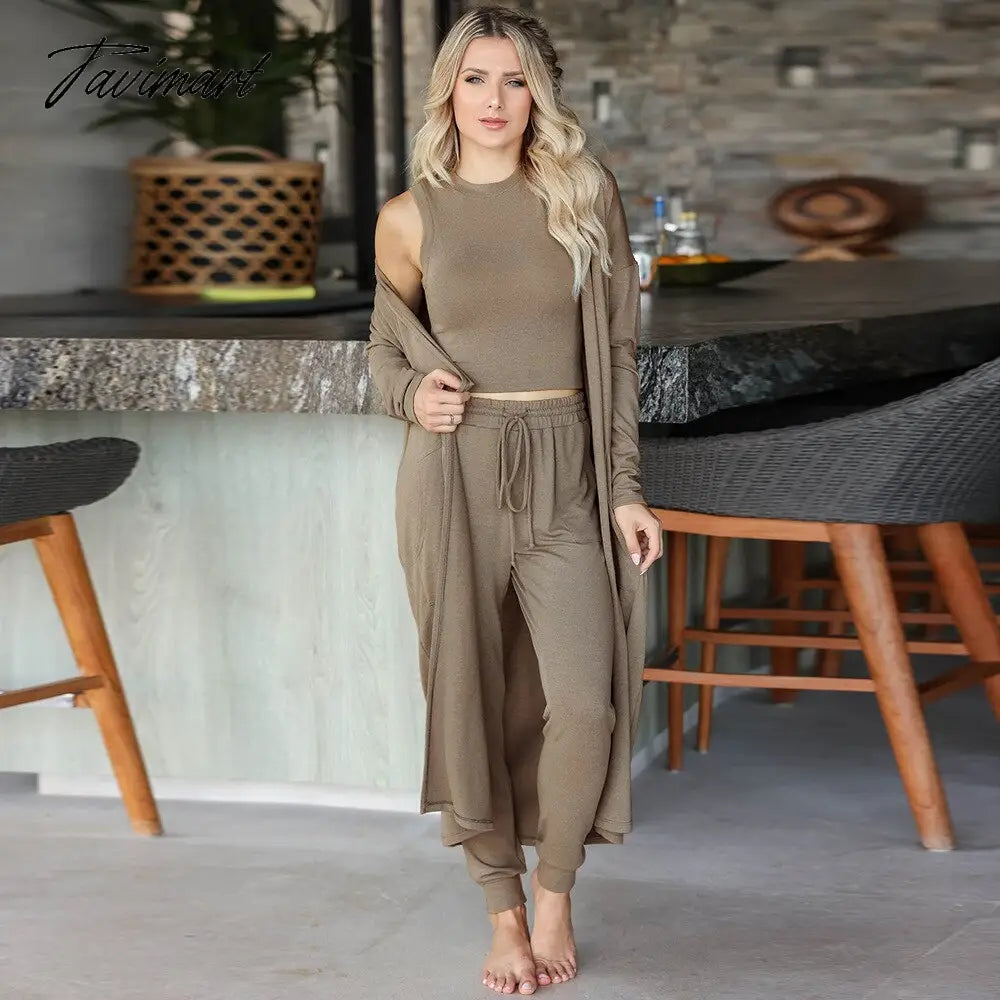 Womens Pajamas Set Fall Winter 3 Piece Loungewear Set Crop Vest Top Loose Pants and Cardigan Knitwear Lounge Set