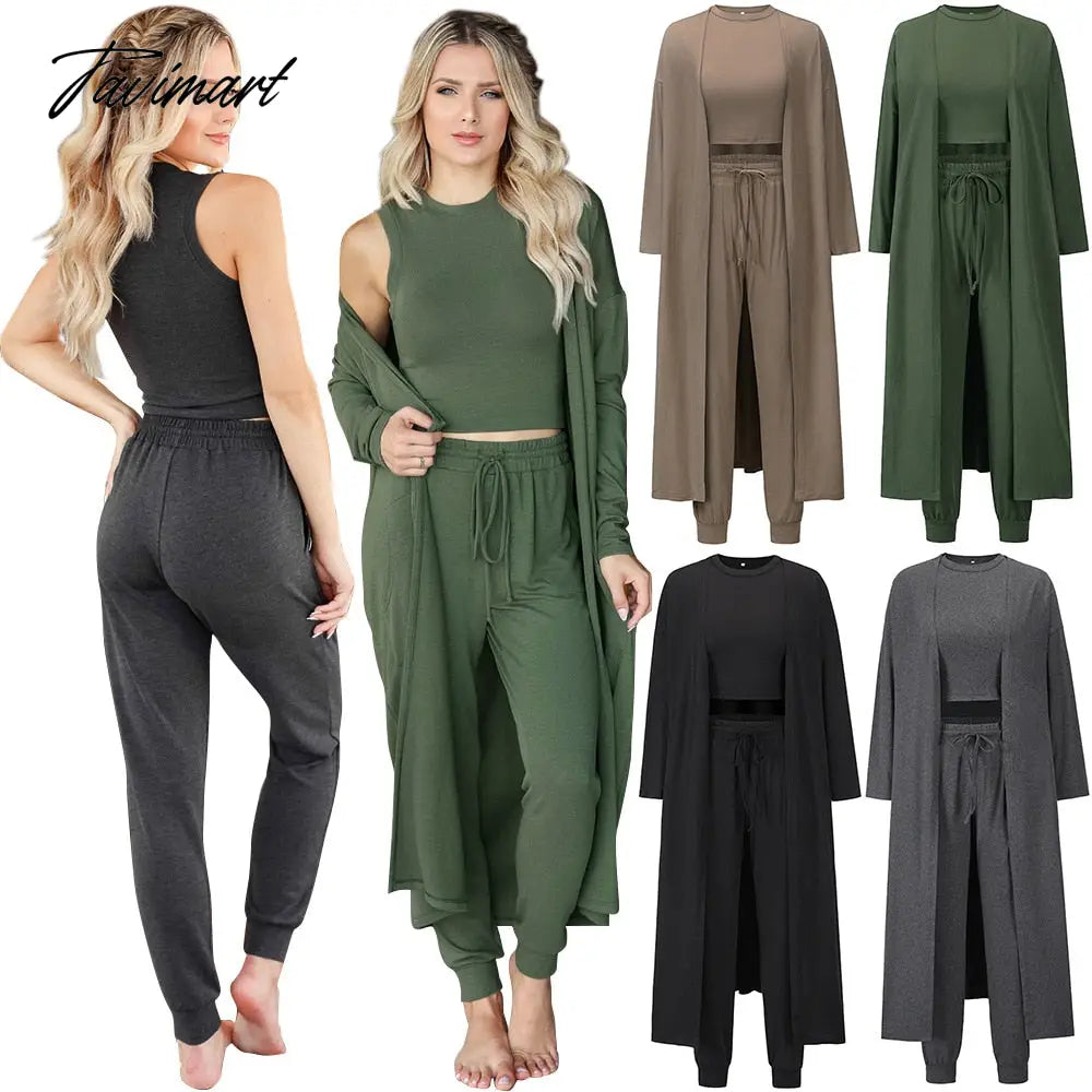 Womens Pajamas Set Fall Winter 3 Piece Loungewear Set Crop Vest Top Loose Pants and Cardigan Knitwear Lounge Set