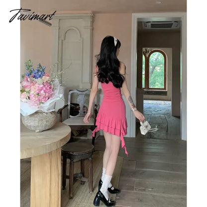 Womens Pink Dress Sling Sleeveless Ruffles Sexy America Fashion Temperament Minimalist Female Summer NEW Solid Miniskirt
