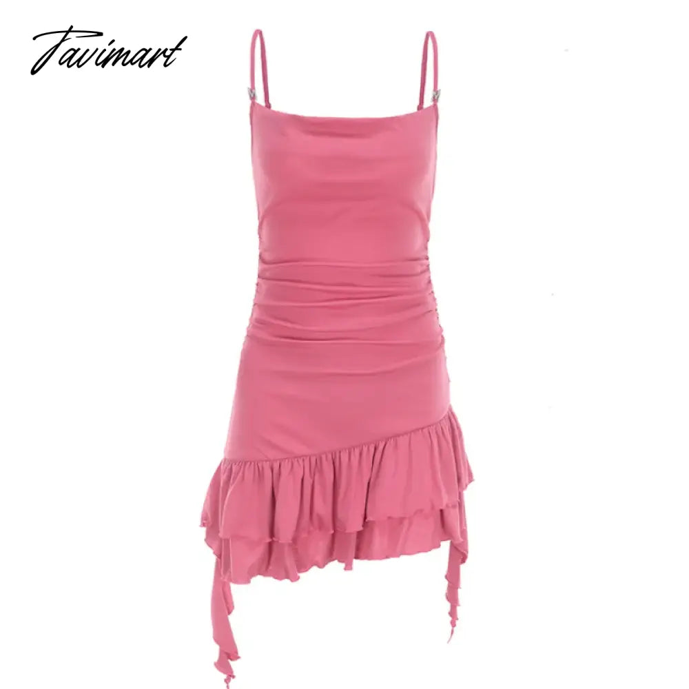 Womens Pink Dress Sling Sleeveless Ruffles Sexy America Fashion Temperament Minimalist Female Summer NEW Solid Miniskirt