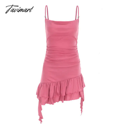 Womens Pink Dress Sling Sleeveless Ruffles Sexy America Fashion Temperament Minimalist Female Summer NEW Solid Miniskirt