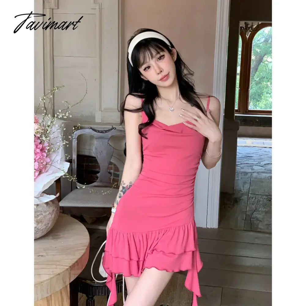 Womens Pink Dress Sling Sleeveless Ruffles Sexy America Fashion Temperament Minimalist Female Summer NEW Solid Miniskirt