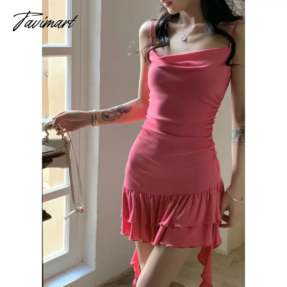 Womens Pink Dress Sling Sleeveless Ruffles Sexy America Fashion Temperament Minimalist Female Summer NEW Solid Miniskirt
