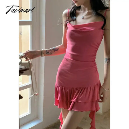 Womens Pink Dress Sling Sleeveless Ruffles Sexy America Fashion Temperament Minimalist Female Summer NEW Solid Miniskirt