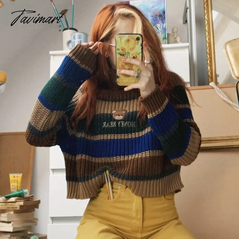Womens Striped Roll Neck Jumper Sweater with Embroidered Honey Bear Turtleneck Oversized Chunky Knit Pullovers