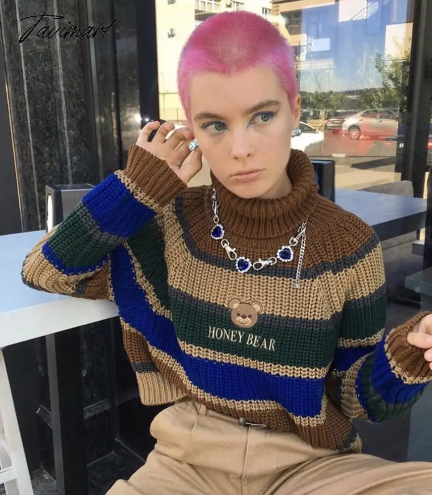 Womens Striped Roll Neck Jumper Sweater with Embroidered Honey Bear Turtleneck Oversized Chunky Knit Pullovers