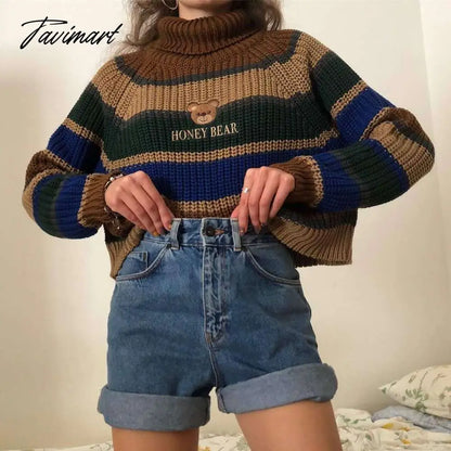 Womens Striped Roll Neck Jumper Sweater with Embroidered Honey Bear Turtleneck Oversized Chunky Knit Pullovers