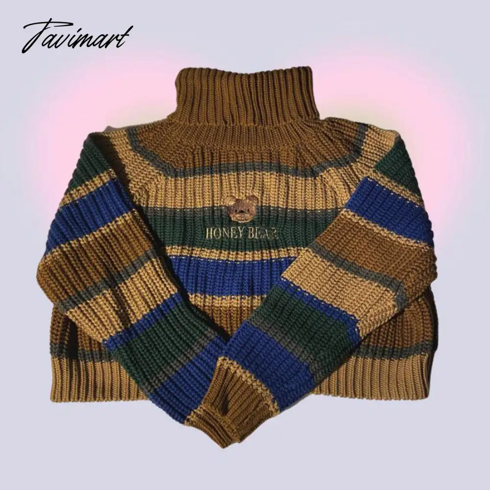 Womens Striped Roll Neck Jumper Sweater with Embroidered Honey Bear Turtleneck Oversized Chunky Knit Pullovers