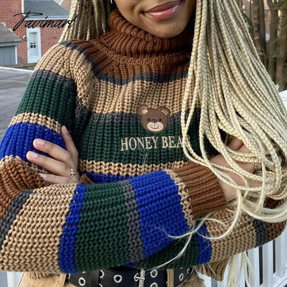 Womens Striped Roll Neck Jumper Sweater with Embroidered Honey Bear Turtleneck Oversized Chunky Knit Pullovers