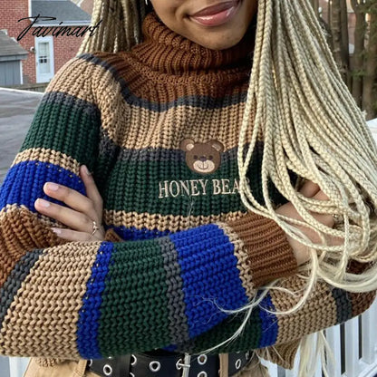 Womens Striped Roll Neck Jumper Sweater with Embroidered Honey Bear Turtleneck Oversized Chunky Knit Pullovers