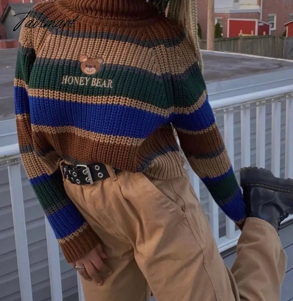 Womens Striped Roll Neck Jumper Sweater with Embroidered Honey Bear Turtleneck Oversized Chunky Knit Pullovers