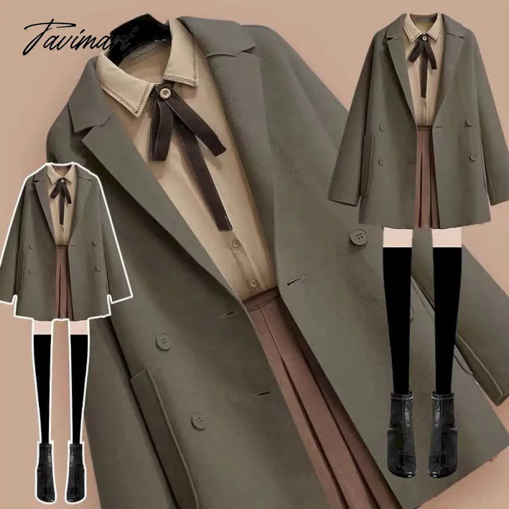 Woolen Coat Three-Piece Jacket Blouse Short Skirt Plus Size Women Streetwear Autumn Winter Suit Female Age Reduction Double-Side