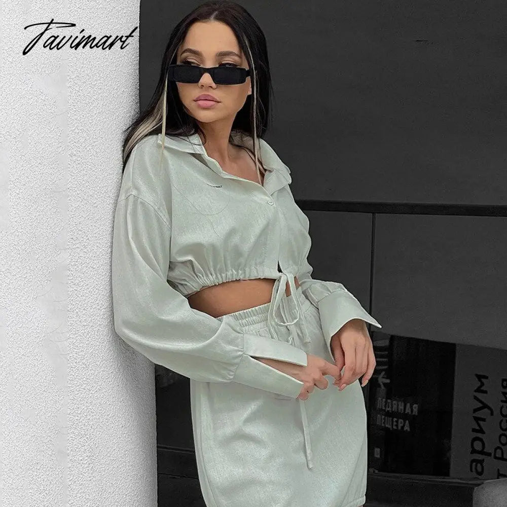 Y2K 2 Piece Skirt And Crop Top Set Women Fall Outfits Solid Color Long Sleeve Fashion Suit Drawstring Ladies Clothes