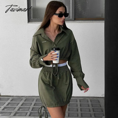 Y2K 2 Piece Skirt And Crop Top Set Women Fall Outfits Solid Color Long Sleeve Fashion Suit Drawstring Ladies Clothes