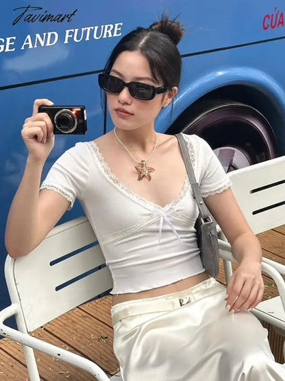 Y2k Crop Top Slim T Shirt for Women Lace Low Cut Short Sleeve Tee Korean Fashion Tops for Women Summer Aesthetic Clothing