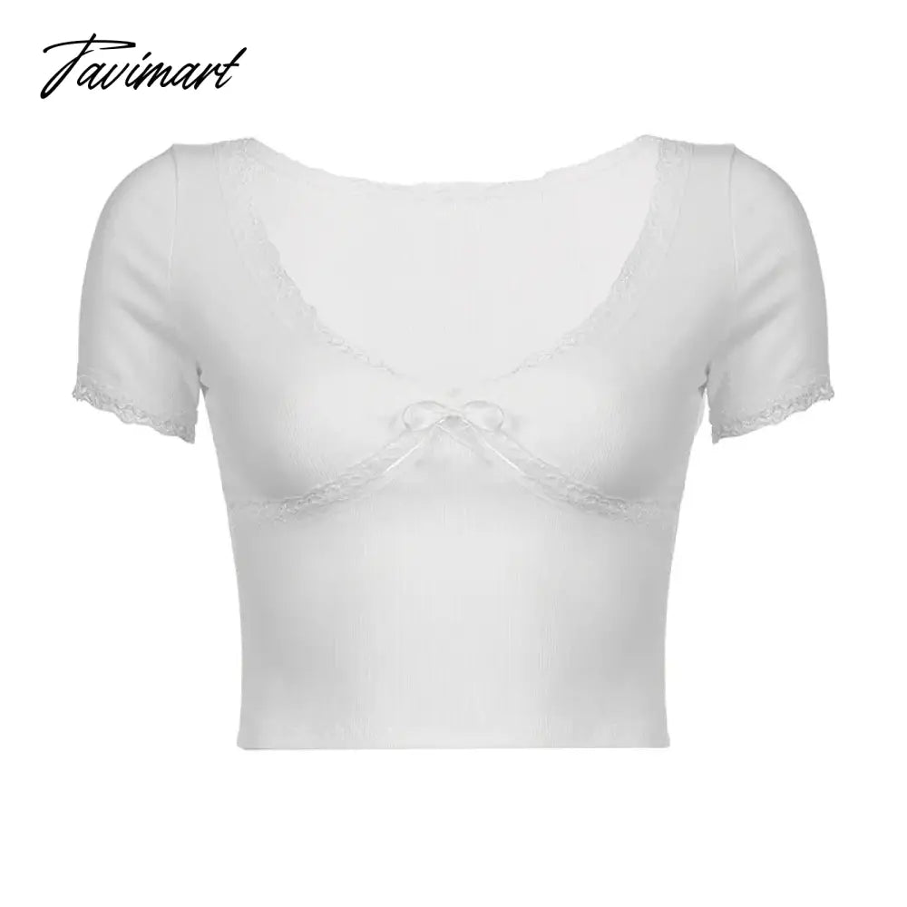 Y2k Crop Top Slim T Shirt for Women Lace Low Cut Short Sleeve Tee Korean Fashion Tops for Women Summer Aesthetic Clothing