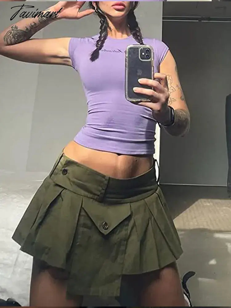 Y2K Gothic Micro Skirts Green Fairy Grunge Women Mini Skirts Rave Outfits 2000s Clothes Cute Buckle Skirts for Female