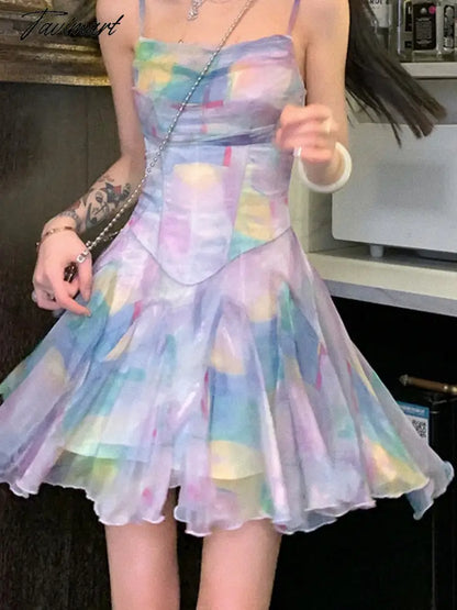 Y2k Mini Dress Summer Spaghetti Straps High Waist A-line Tie Dye Short Dresses Evening Party Ball Gown Vestidos De Fiesta