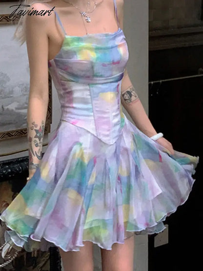 Y2k Mini Dress Summer Spaghetti Straps High Waist A-line Tie Dye Short Dresses Evening Party Ball Gown Vestidos De Fiesta