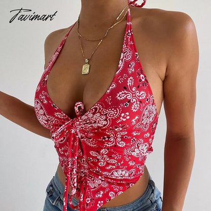 Y2K Paisley Print Halter Top Sexy Women V Neck Backless Off Shoulder Bandage Ruched Cropped Top Summer Boho Vintage Tanks Vest