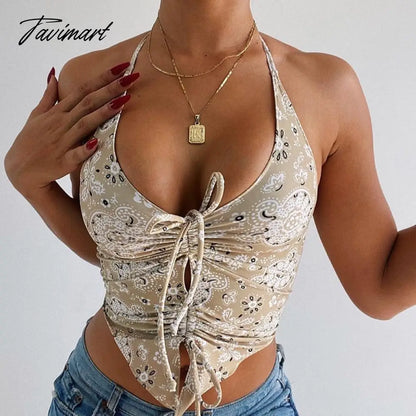 Y2K Paisley Print Halter Top Sexy Women V Neck Backless Off Shoulder Bandage Ruched Cropped Top Summer Boho Vintage Tanks Vest
