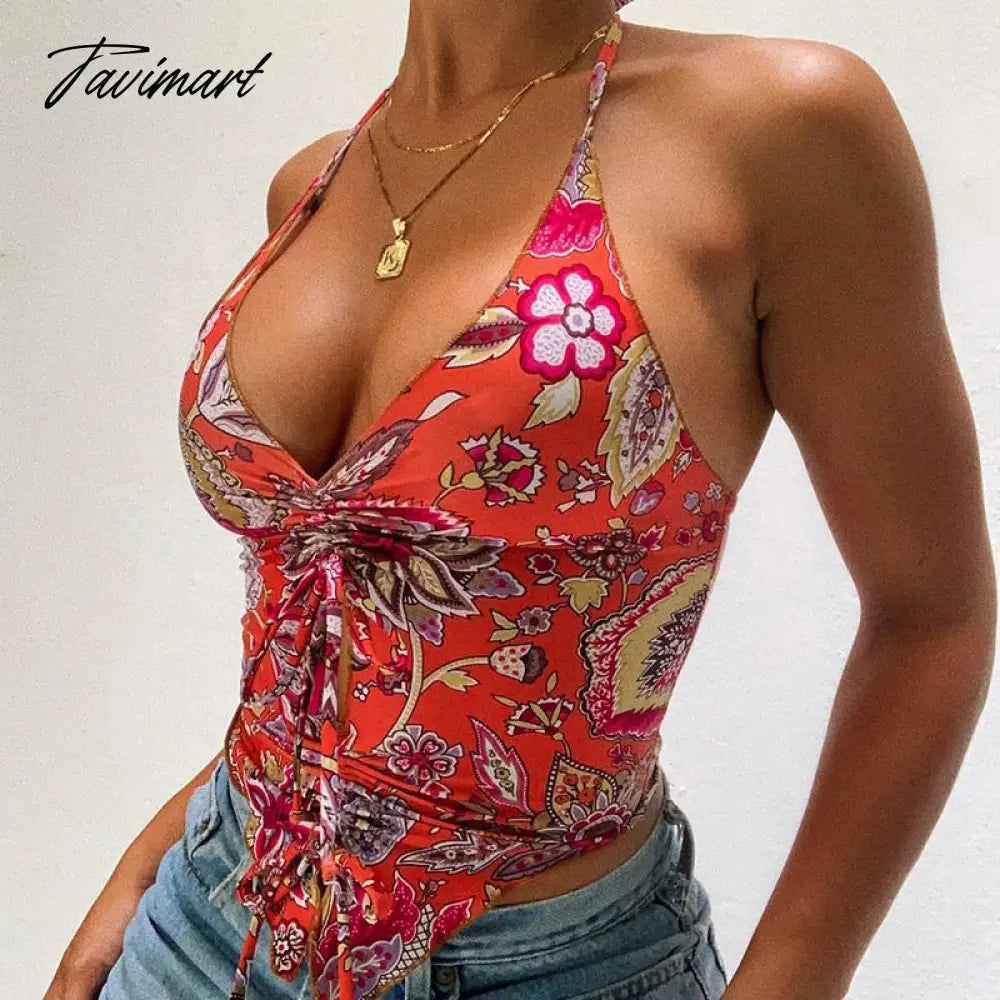Y2K Paisley Print Halter Top Sexy Women V Neck Backless Off Shoulder Bandage Ruched Cropped Top Summer Boho Vintage Tanks Vest