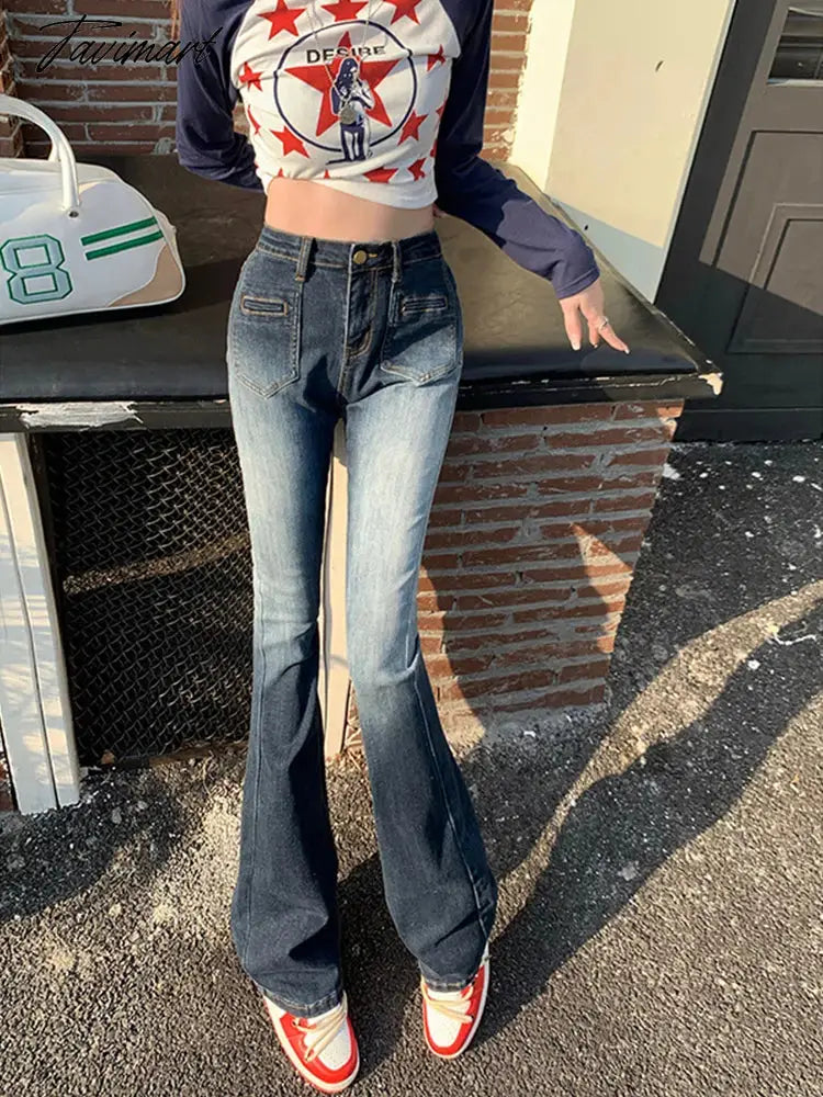 Y2K Streetwear Bootcut Jean Blue Vintage Clothes Women Pant Rave Outfits High Waist Jean Rave Outfits Pockets Pantalone