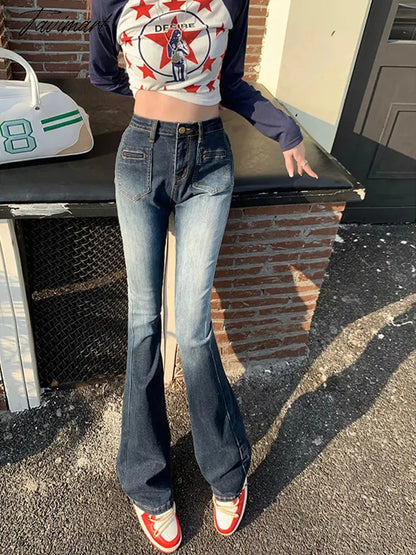 Y2K Streetwear Bootcut Jean Blue Vintage Clothes Women Pant Rave Outfits High Waist Jean Rave Outfits Pockets Pantalone