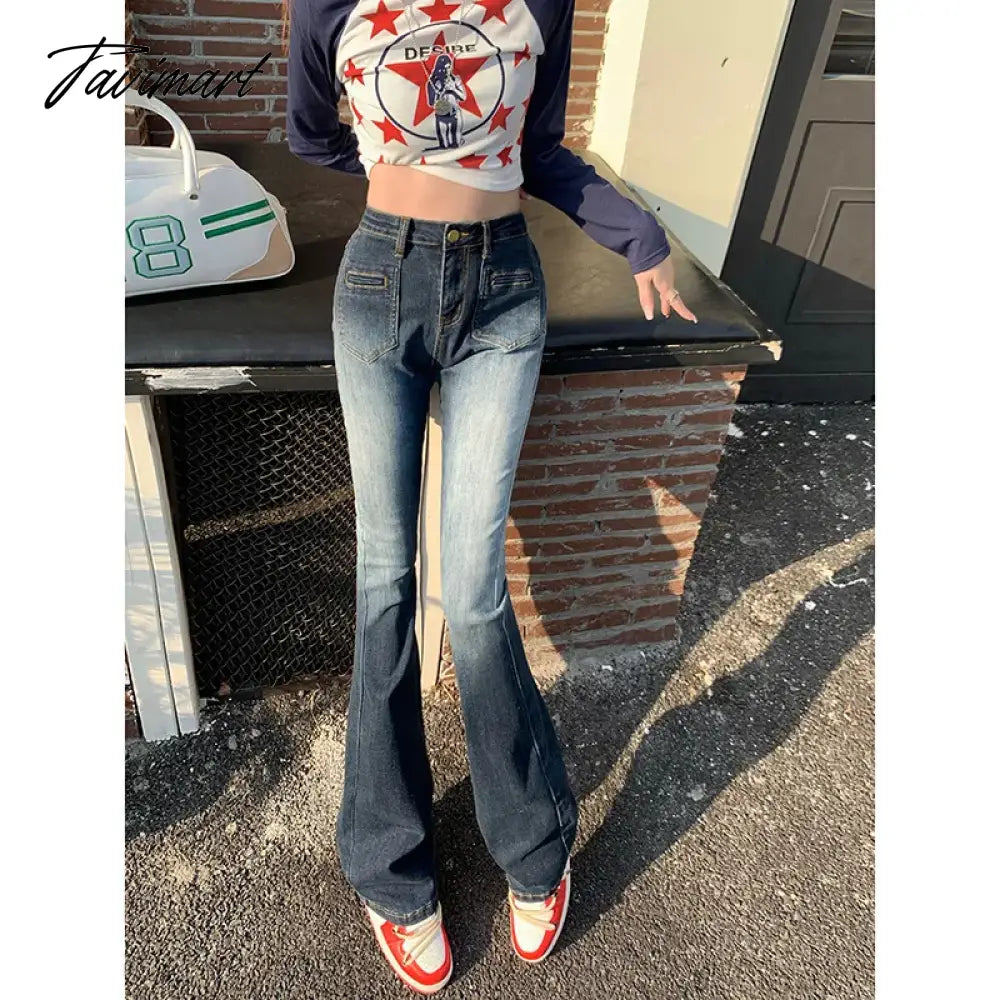 Y2K Streetwear Bootcut Jean Blue Vintage Clothes Women Pant Rave Outfits High Waist Jean Rave Outfits Pockets Pantalone