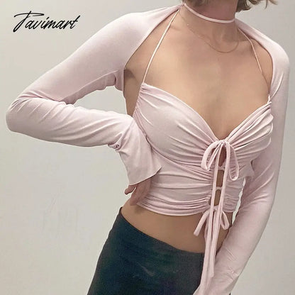 Y2K Vintage 2 Piece Set Women Sexy Hollow Out Tie Up Bandage Backless Halter Crop Top + Long Sleeve Shrug T-shirt
