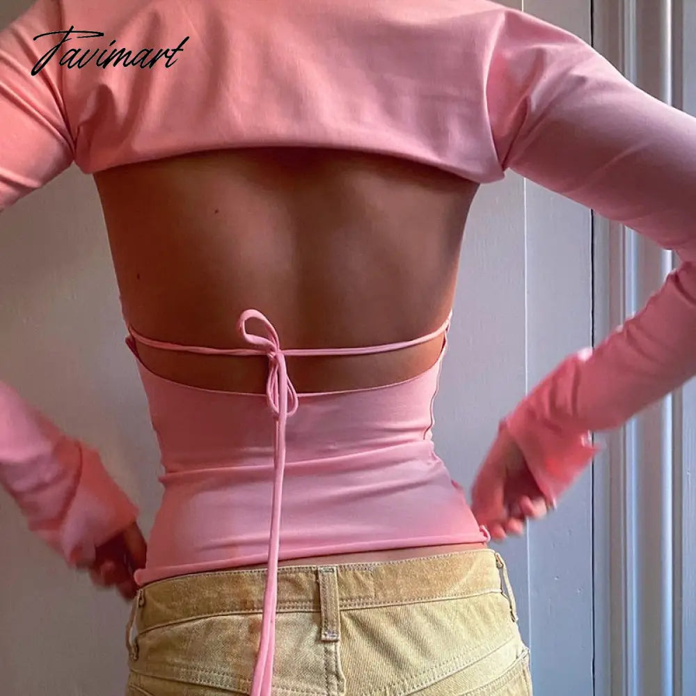 Y2K Vintage 2 Piece Set Women Sexy Hollow Out Tie Up Bandage Backless Halter Crop Top + Long Sleeve Shrug T-shirt