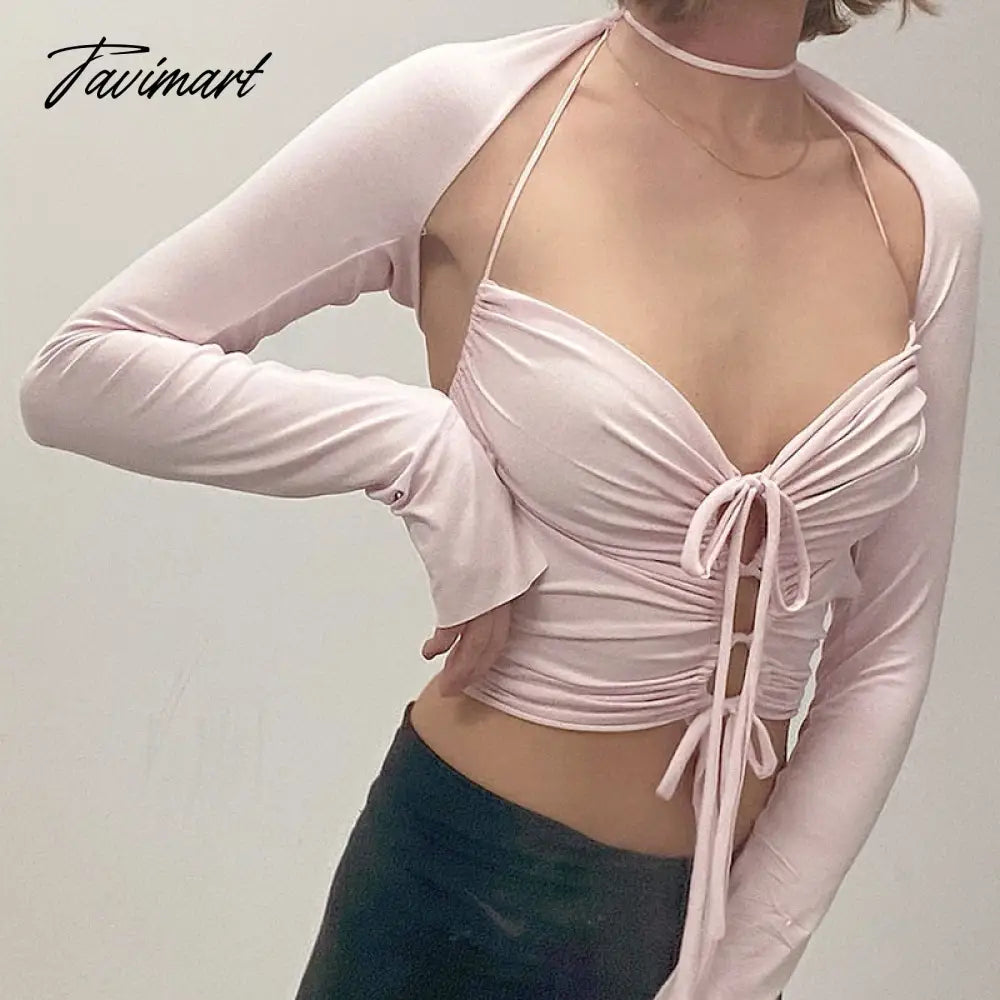 Y2K Vintage 2 Piece Set Women Sexy Hollow Out Tie Up Bandage Backless Halter Crop Top + Long Sleeve Shrug T-shirt