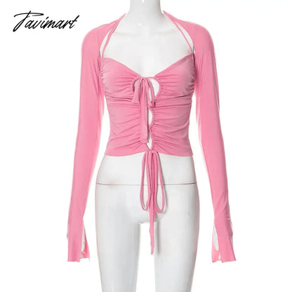 Y2K Vintage 2 Piece Set Women Sexy Hollow Out Tie Up Bandage Backless Halter Crop Top + Long Sleeve Shrug T-shirt