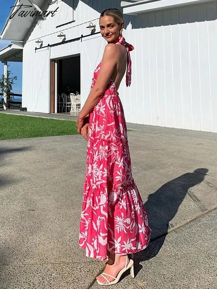 Tavmart Sexy Halter Backless Dress Women Summer Maxi Long Dress Pink Floral Boho A-line Elegant Beach Sleeveless Beach Dress A1506