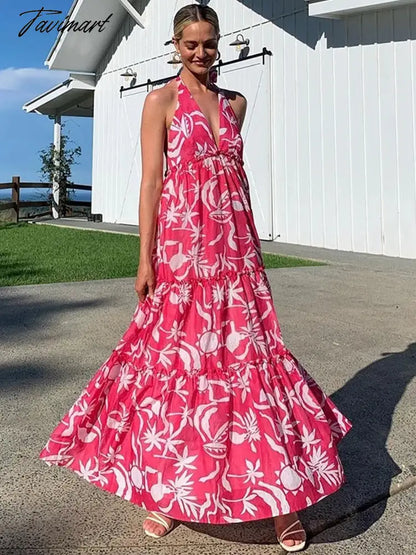 Tavmart Sexy Halter Backless Dress Women Summer Maxi Long Dress Pink Floral Boho A-line Elegant Beach Sleeveless Beach Dress A1506