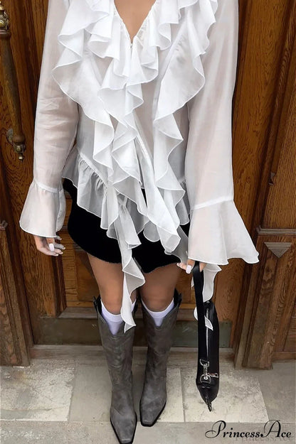Tencel Ruffled V Neck Flared Sleeve Blouse